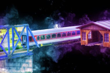 Nehir üzerinde tren köprüsü, viyadük, sanat ilüstrasyonu antika, model, minyatür