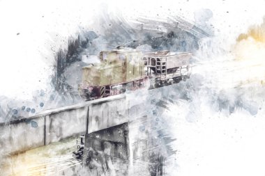 Küçük lokomotif, buhar, fotoğrafçılık, paslı, vagon, tren, sanat, illüstrasyon, çizim, eskiz, antika, retro, vintage, model, minyatür