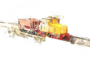 Küçük lokomotif, buhar, fotoğrafçılık, paslı, vagon, tren, sanat, illüstrasyon, çizim, eskiz, antika, retro, vintage, model, minyatür