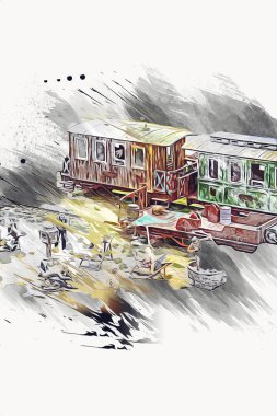 Küçük lokomotif, buhar, fotoğrafçılık, paslı, vagon, tren, sanat, illüstrasyon, çizim, eskiz, antika, retro, vintage, model, minyatür