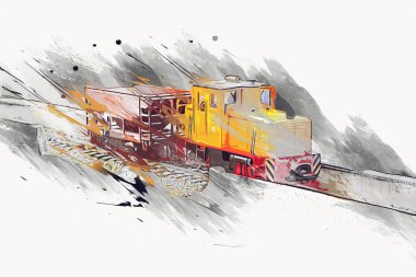 Küçük lokomotif, buhar, fotoğrafçılık, paslı, vagon, tren, sanat, illüstrasyon, çizim, eskiz, antika, retro, vintage, model, minyatür