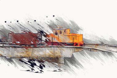 Küçük lokomotif, buhar, fotoğrafçılık, paslı, vagon, tren, sanat, illüstrasyon, çizim, eskiz, antika, retro, vintage, model, minyatür