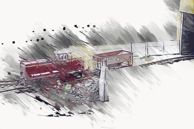 Küçük lokomotif, buhar, fotoğrafçılık, paslı, vagon, tren, sanat, illüstrasyon, çizim, eskiz, antika, retro, vintage, model, minyatür