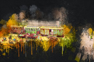 Küçük lokomotif, buhar, fotoğrafçılık, paslı, vagon, tren, sanat, illüstrasyon, çizim, eskiz, antika, retro, vintage, model, minyatür