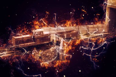 Küçük lokomotif, buhar, fotoğrafçılık, paslı, vagon, tren, sanat, illüstrasyon, çizim, eskiz, antika, retro, vintage, model, minyatür