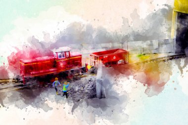 Küçük lokomotif, buhar, fotoğrafçılık, paslı, vagon, tren, sanat, illüstrasyon, çizim, eskiz, antika, retro, vintage, model, minyatür