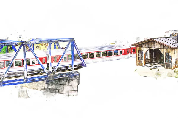 Vonat Híd Folyó Felett Viadukt Art Illusztráció Évjárat Retro Antik — Stock Fotó
