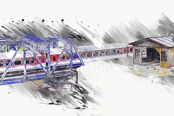 川を渡る列車の橋 ヴィダット アートイラストヴィンテージレトロアンティーク モデル ミニチュア — ストック写真