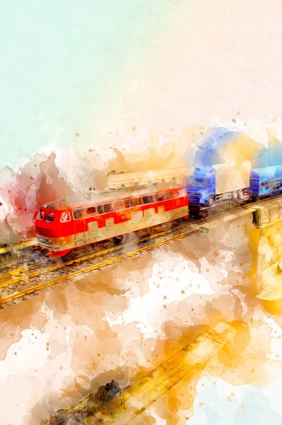 Vonat Híd Folyó Felett Viadukt Art Illusztráció Évjárat Retro Antik — Stock Fotó