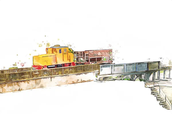 Pequeña Locomotora Vapor Fotografía Oxidado Vagón Tren Arte Ilustración Dibujo —  Fotos de Stock