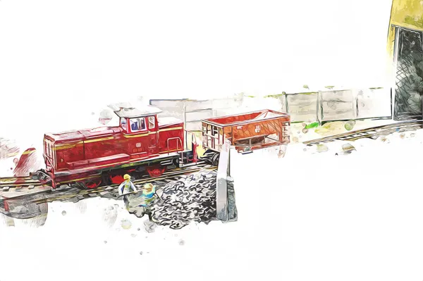 Pequeña Locomotora Vapor Fotografía Oxidado Vagón Tren Arte Ilustración Dibujo —  Fotos de Stock