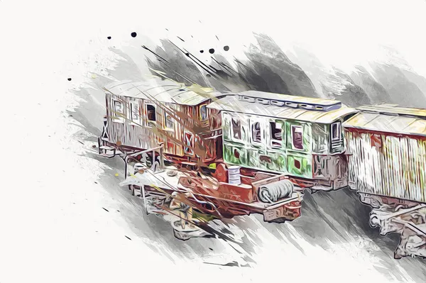 Piccola Locomotiva Vapore Fotografia Arrugginito Carro Treno Arte Illustrazione Disegno — Foto Stock