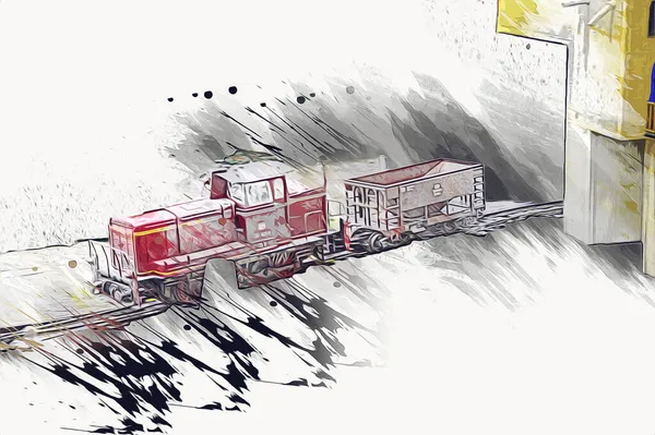 Pequeña Locomotora Vapor Fotografía Oxidado Vagón Tren Arte Ilustración Dibujo — Foto de Stock