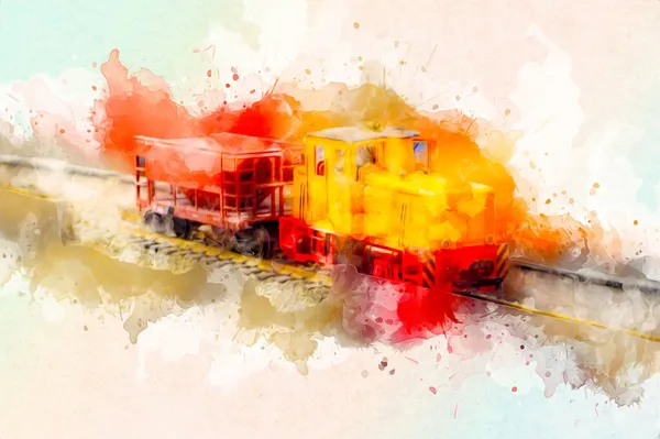 Locomotiva Pequena Vapor Fotografia Enferrujado Vagão Trem Arte Ilustração Puxando — Fotografia de Stock