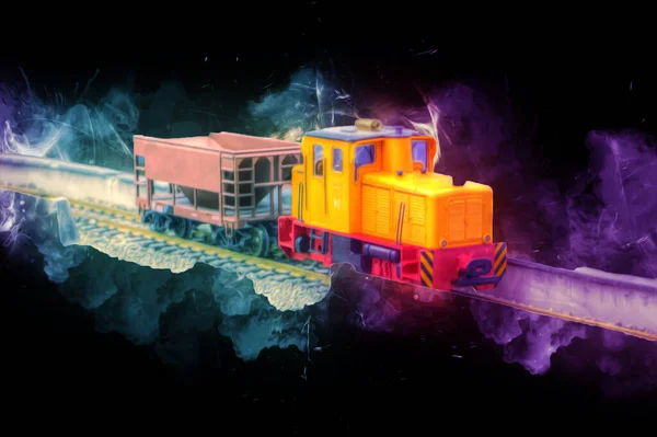 Kleine Lokomotive Dampf Fotografie Rostig Waggon Zug Kunst Illustration Zeichnung — Stockfoto