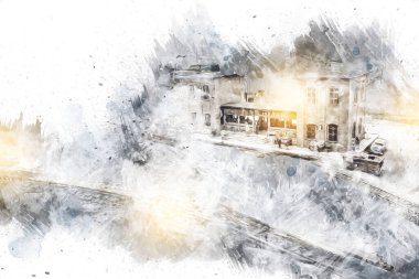 İstasyonda eski bir buhar treni, Wroclaw, Polonya, sanat ilüstrasyonu antika, model, minyatür