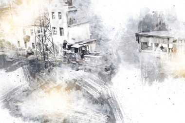 İstasyonda eski bir buhar treni, Wroclaw, Polonya, sanat ilüstrasyonu antika, model, minyatür