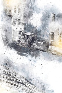 İstasyonda eski bir buhar treni, Wroclaw, Polonya, sanat ilüstrasyonu antika, model, minyatür