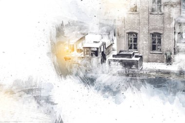 İstasyonda eski bir buhar treni, Wroclaw, Polonya, sanat ilüstrasyonu antika, model, minyatür