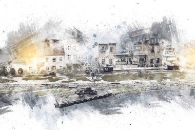 İstasyonda eski bir buhar treni, Wroclaw, Polonya, sanat ilüstrasyonu antika, model, minyatür