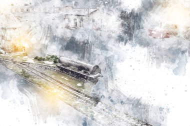 İstasyonda eski bir buhar treni, Wroclaw, Polonya, sanat ilüstrasyonu antika, model, minyatür