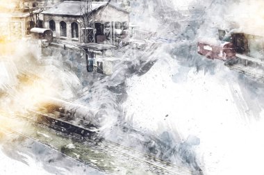 İstasyonda eski bir buhar treni, Wroclaw, Polonya, sanat ilüstrasyonu antika, model, minyatür