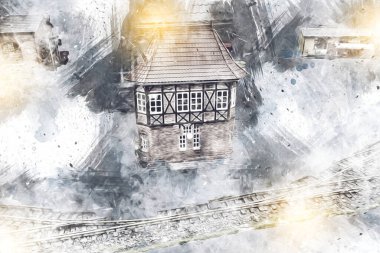 İstasyonda eski bir buhar treni, Wroclaw, Polonya, sanat ilüstrasyonu antika, model, minyatür