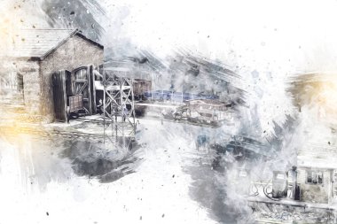 İstasyonda eski bir buhar treni, Wroclaw, Polonya, sanat ilüstrasyonu antika, model, minyatür