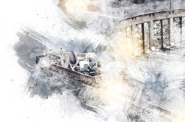 İstasyonda eski bir buhar treni, Wroclaw, Polonya, sanat ilüstrasyonu antika, model, minyatür