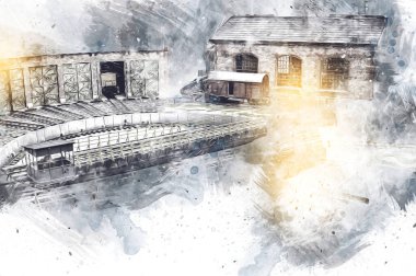 İstasyonda eski bir buhar treni, Wroclaw, Polonya, sanat ilüstrasyonu antika, model, minyatür