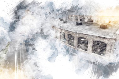 İstasyonda eski bir buhar treni, Wroclaw, Polonya, sanat ilüstrasyonu antika, model, minyatür