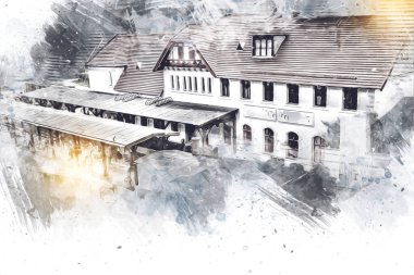 İstasyonda eski bir buhar treni, Wroclaw, Polonya, sanat ilüstrasyonu antika, model, minyatür