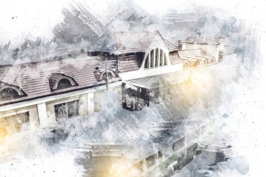 İstasyonda eski bir buhar treni, Wroclaw, Polonya, sanat ilüstrasyonu antika, model, minyatür