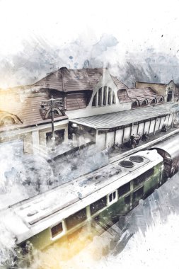 İstasyonda eski bir buhar treni, Wroclaw, Polonya, sanat ilüstrasyonu antika, model, minyatür