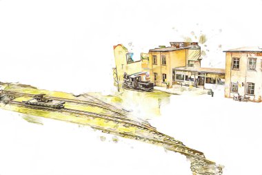 İstasyonda eski bir buhar treni, Wroclaw, Polonya, sanat ilüstrasyonu antika, model, minyatür