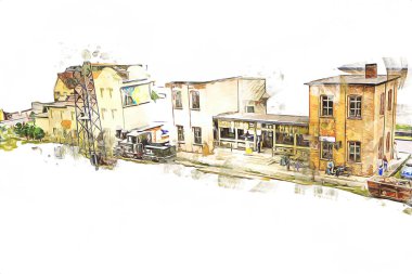 İstasyonda eski bir buhar treni, Wroclaw, Polonya, sanat ilüstrasyonu antika, model, minyatür