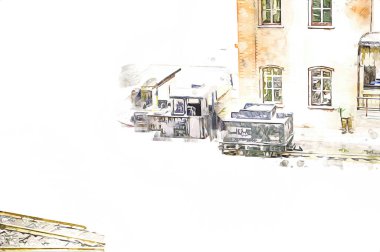 İstasyonda eski bir buhar treni, Wroclaw, Polonya, sanat ilüstrasyonu antika, model, minyatür