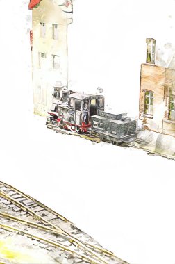 İstasyonda eski bir buhar treni, Wroclaw, Polonya, sanat ilüstrasyonu antika, model, minyatür