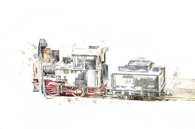 İstasyonda eski bir buhar treni, Wroclaw, Polonya, sanat ilüstrasyonu antika, model, minyatür