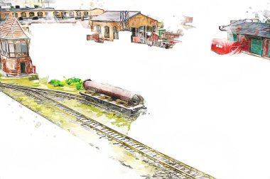 İstasyonda eski bir buhar treni, Wroclaw, Polonya, sanat ilüstrasyonu antika, model, minyatür