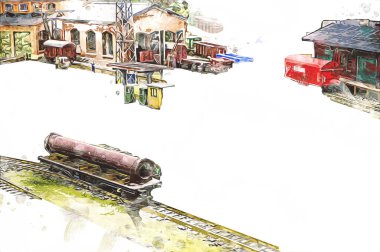 İstasyonda eski bir buhar treni, Wroclaw, Polonya, sanat ilüstrasyonu antika, model, minyatür