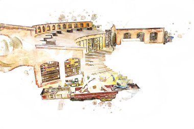 İstasyonda eski bir buhar treni, Wroclaw, Polonya, sanat ilüstrasyonu antika, model, minyatür