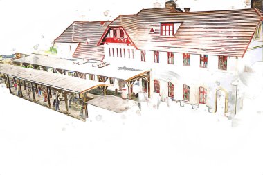 İstasyonda eski bir buhar treni, Wroclaw, Polonya, sanat ilüstrasyonu antika, model, minyatür