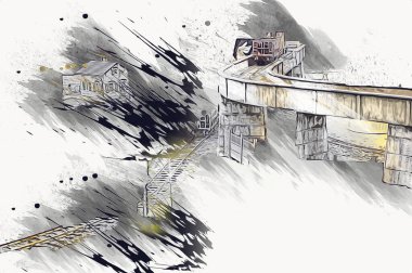 İstasyonda eski bir buhar treni, Wroclaw, Polonya, sanat ilüstrasyonu antika, model, minyatür