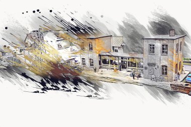 İstasyonda eski bir buhar treni, Wroclaw, Polonya, sanat ilüstrasyonu antika, model, minyatür