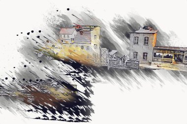 İstasyonda eski bir buhar treni, Wroclaw, Polonya, sanat ilüstrasyonu antika, model, minyatür