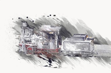 İstasyonda eski bir buhar treni, Wroclaw, Polonya, sanat ilüstrasyonu antika, model, minyatür