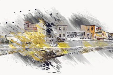 İstasyonda eski bir buhar treni, Wroclaw, Polonya, sanat ilüstrasyonu antika, model, minyatür