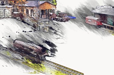 İstasyonda eski bir buhar treni, Wroclaw, Polonya, sanat ilüstrasyonu antika, model, minyatür