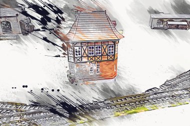 İstasyonda eski bir buhar treni, Wroclaw, Polonya, sanat ilüstrasyonu antika, model, minyatür